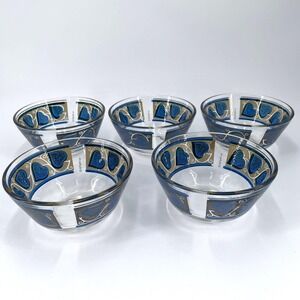 Culver Fruit Dessert Bowls Leaf Ivy Motif Blue Gold 5" Set 5 Signed Mid Century